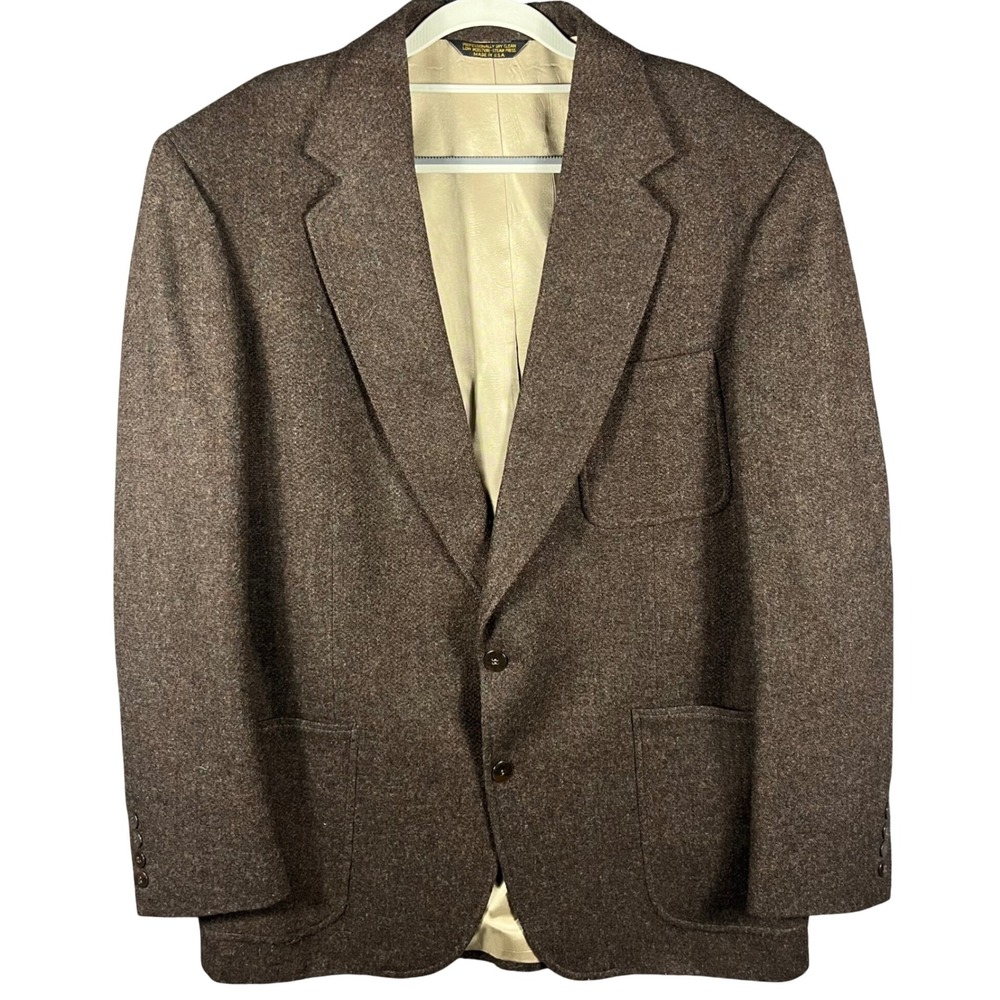 Strathmore Wool Blazer Men 44 Long Brown Tweed Two Button Sport Coat USA Vintage